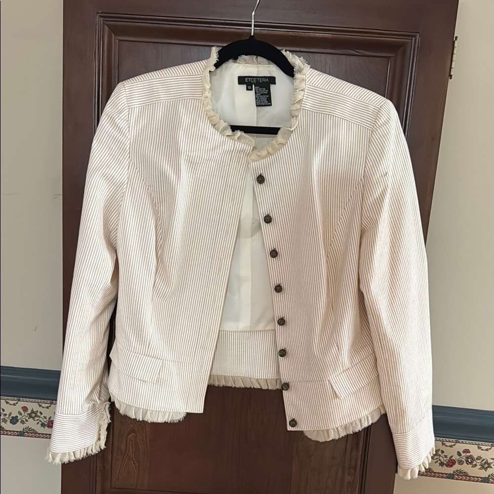 White House Black Market Cream Tailored Blazer with Fringed Trim
